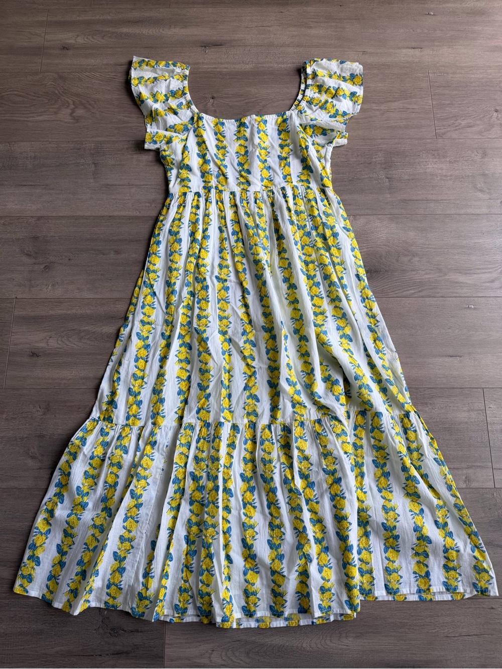 Olivia James white/yellow/blue floral vertical stripe midi dress - size medium